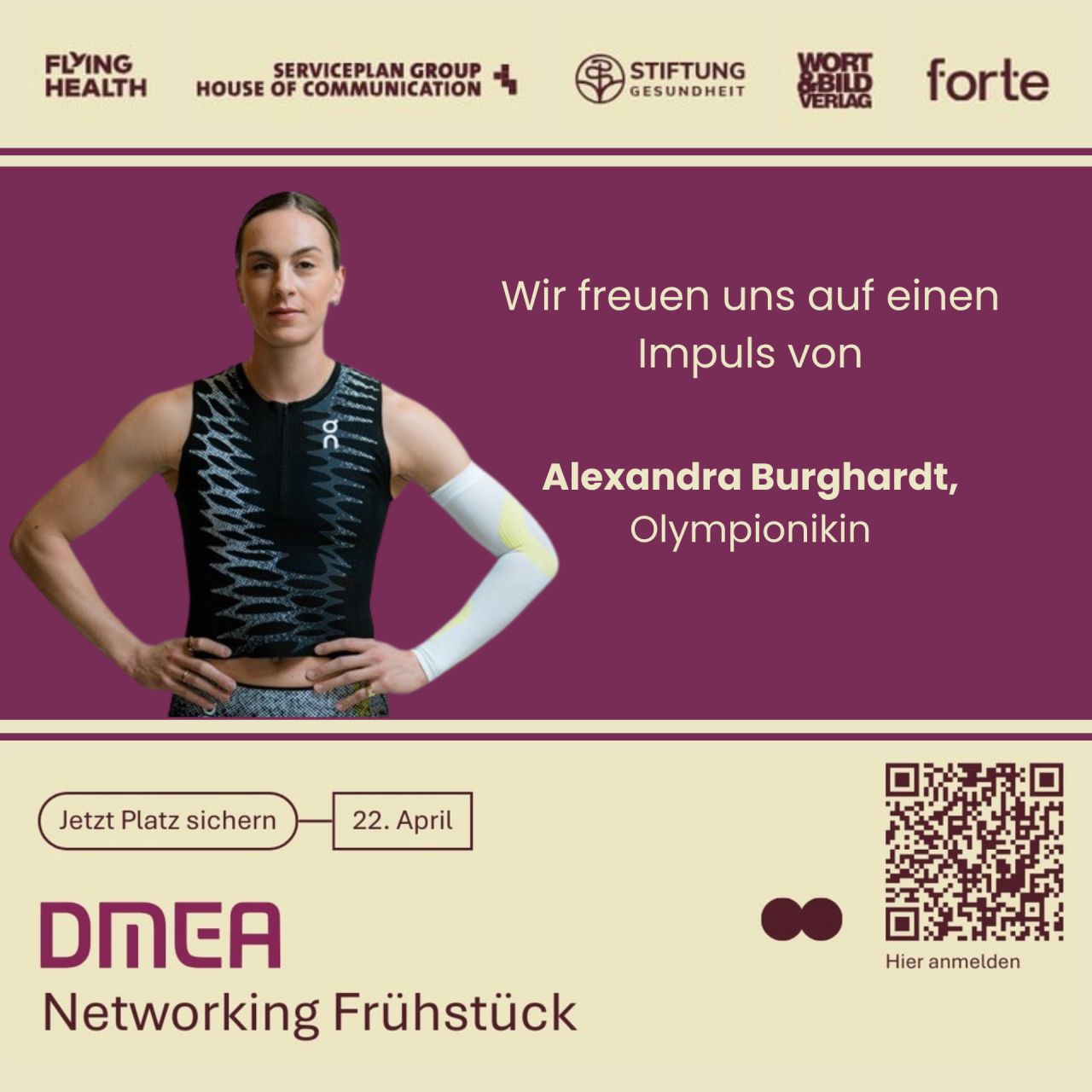 Einladungs-Visual zum DMEA Networking Frühstück am 22. April mit Olympionikin Alexandra Burghardt und den Partnern Flying Health, Serviceplan, Stiftung Gesundheit, Wort & Bild Verlag und Forte.