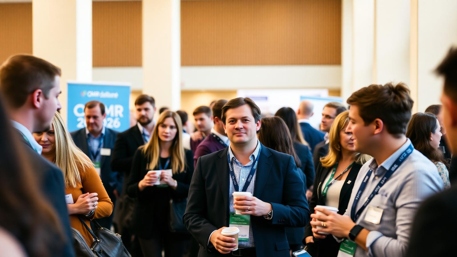 Networking-Szene im Foyer der OMR Health 2026, mehrere Gruppen im Gespräch mit Kaffeebechern und Badges.